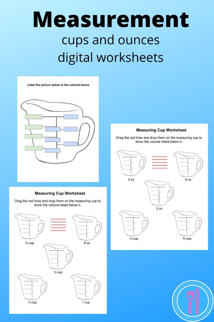 Worksheet featuring measuring cups to teach fractions with a fun cookie theme