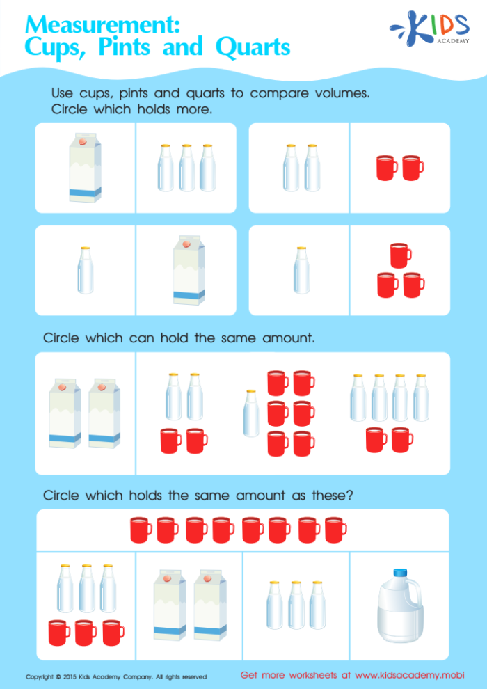 Worksheet featuring measuring cups and fractions for third graders