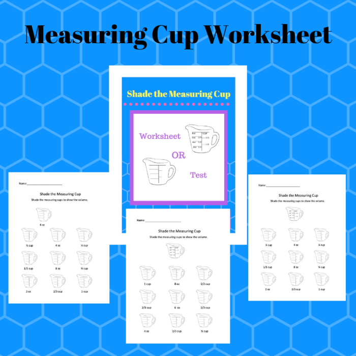 Worksheet illustrating measuring cups for fractions with a fun cookie theme for third graders