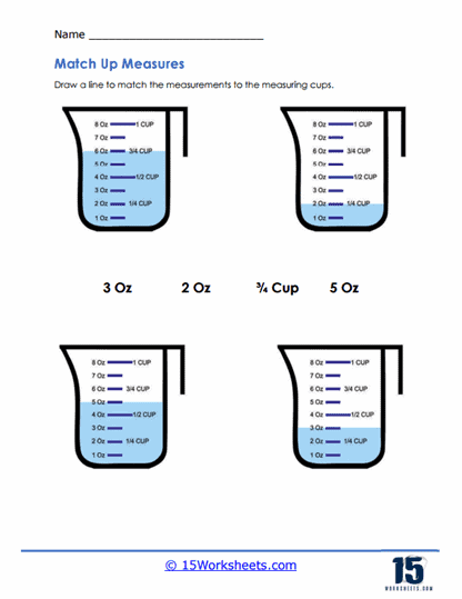 Image of the Measuring Cups Madness worksheet featuring fractions and cookie illustrations