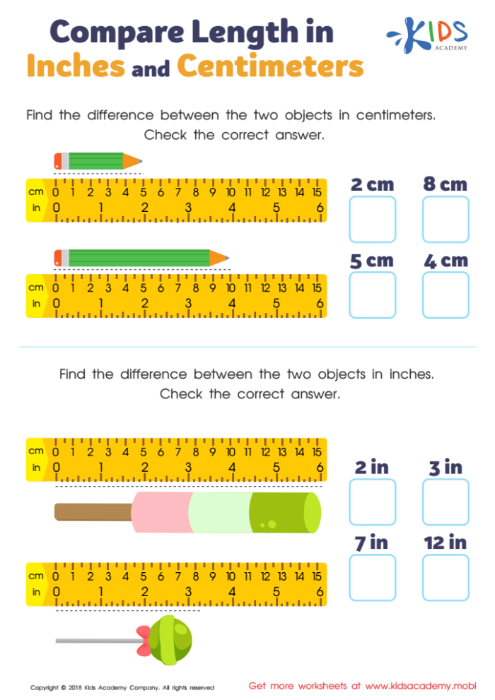 A second-grade worksheet for measuring in inches and centimeters with a paper ruler