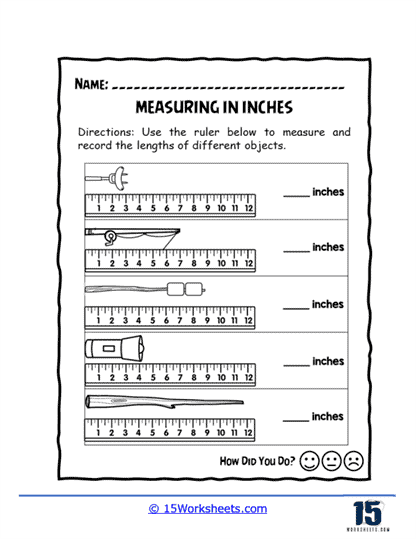 First grade math worksheet for learning to measure various objects using inches