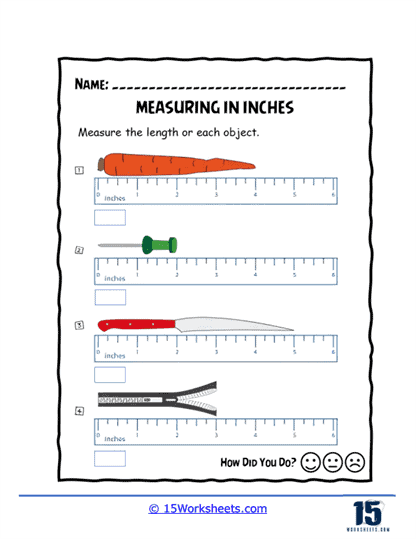 Worksheet for measuring inches featuring familiar objects for second graders