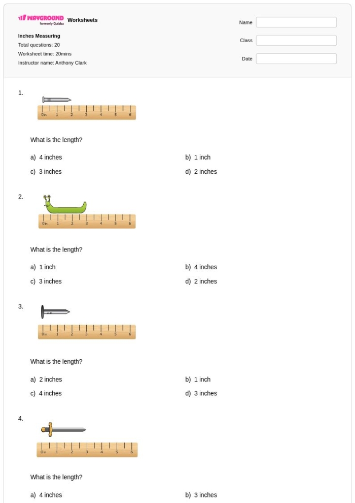 Practice sheet for fourth graders to master reading a ruler and measuring in inches Measuring inches worksheet featuring a ruler and measurement examples for kids