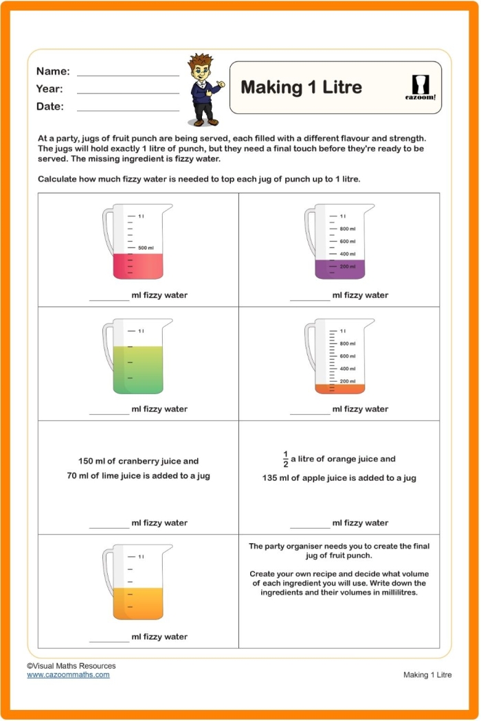 How Much is One Liter Worksheet for 3rd Grade Math Practice 23 Third grade student completing a worksheet about measuring liters and liquid volume