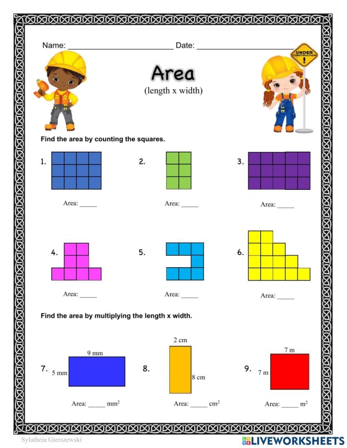 Fourth grade student measuring the length and width of rectangles to calculate area on a geometry worksheet