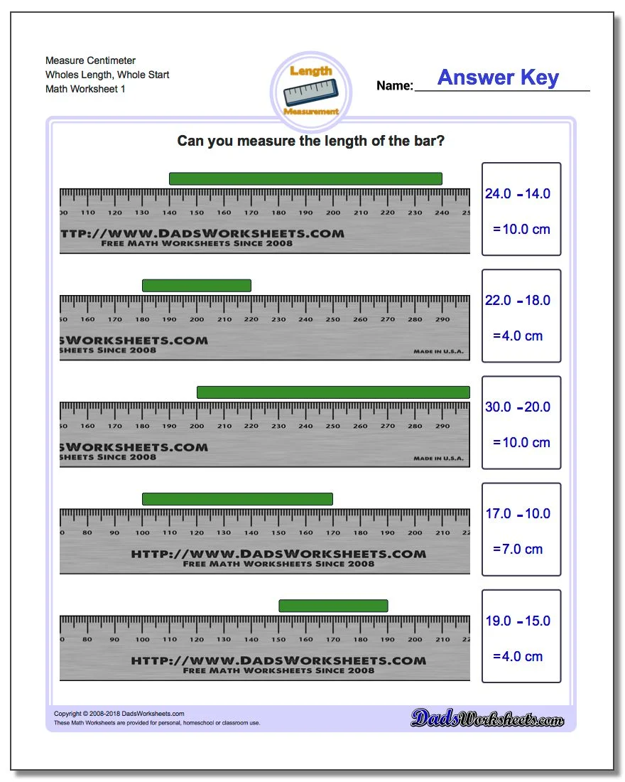 Worksheet for measuring school supplies in centimeters for first graders