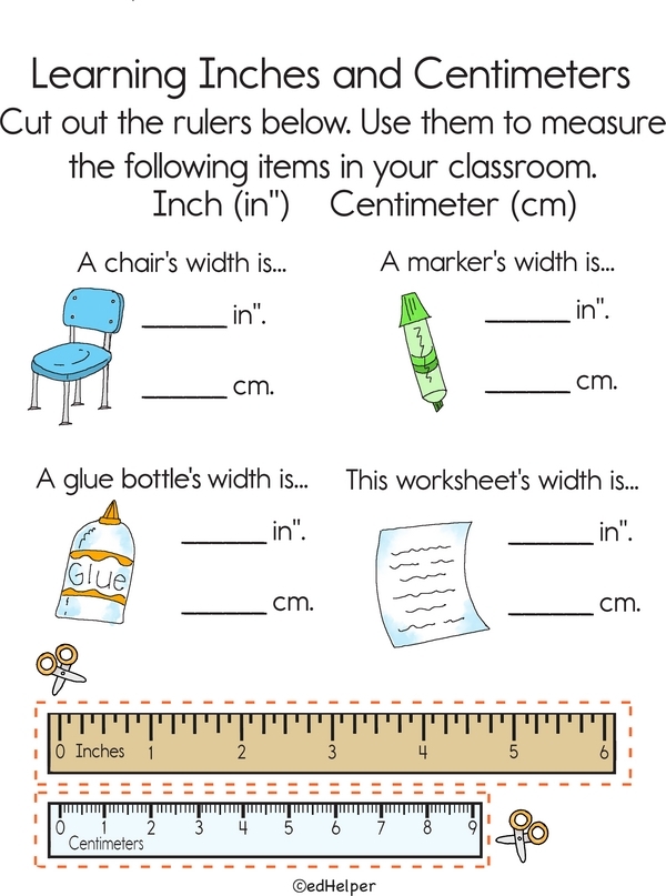 Worksheet for measuring school supplies in centimeters for first graders