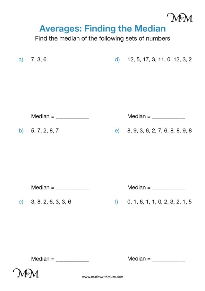 Sixth grade math worksheet showing problems to practice finding the median of various data sets