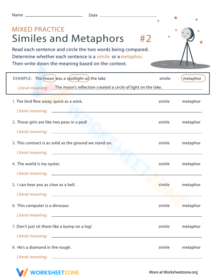 Figurative Language Review: Metaphors and Similes Learning Activity for Elementary Readers Fourth grade students comparing metaphors and similes in a reading worksheet exercise