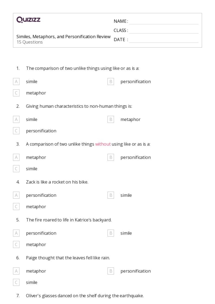 Figurative Language Comparison Exercise for Elementary Readers Fourth grade students comparing metaphors and similes with colorful examples and practice sentences