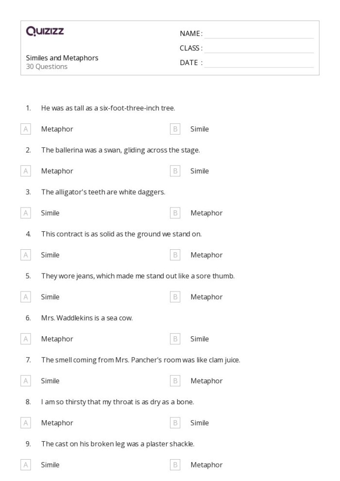 Figurative Language Practice: Metaphors and Similes Activity for Young Readers Fourth grade students comparing metaphors and similes with colorful examples and practice sentences on a worksheet