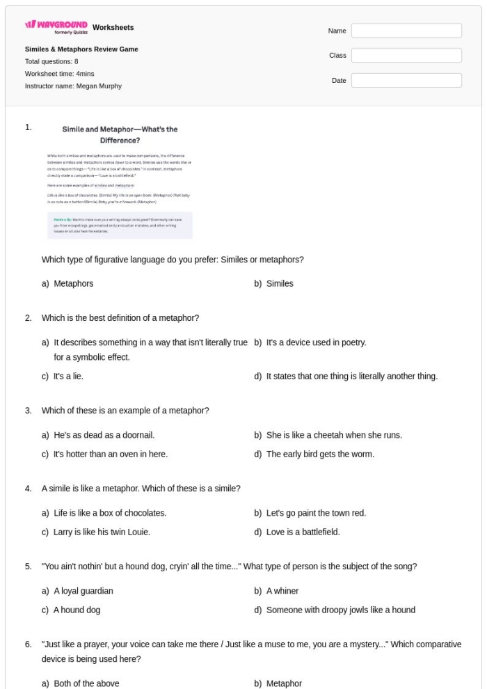 Figurative Language Practice: Metaphors and Similes Learning Activity for Elementary Readers Fourth grade student completing a metaphors and similes review worksheet with colorful examples