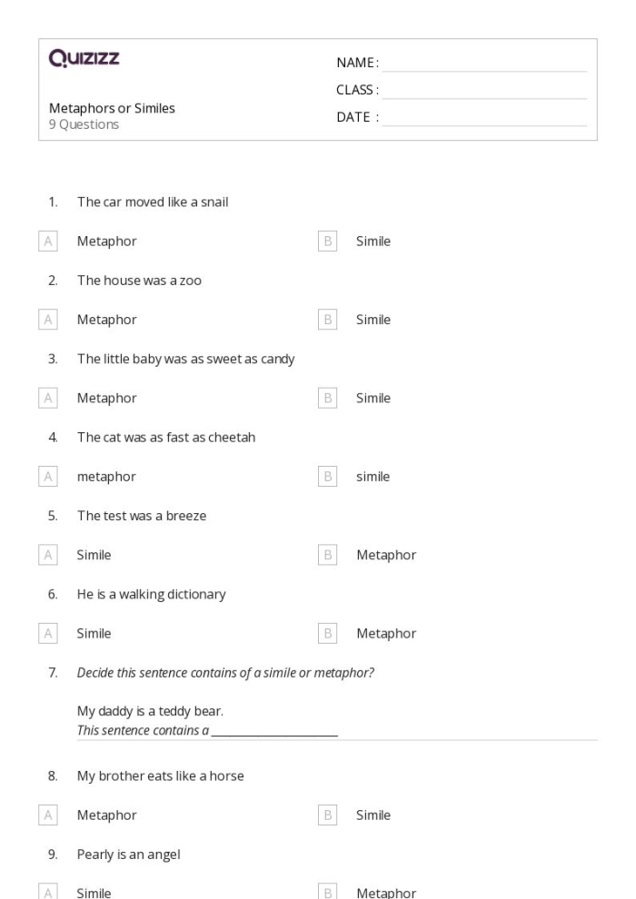 Metaphors and Similes Worksheet Number 16 for Fourth Grade Reading Fourth grade student completing a Metaphors and Similes worksheet about figurative language