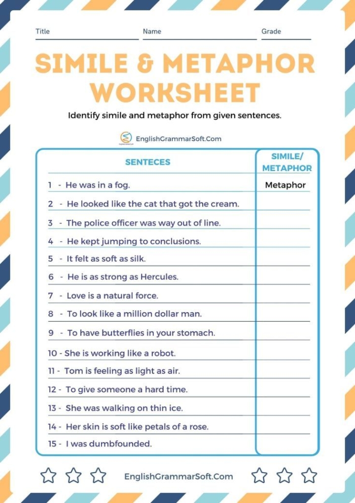 Colorful worksheet featuring Tennyson the Turtle teaching fourth graders about metaphors and similes. Engaging learning activity for phonics with Tennyson the Turtle.