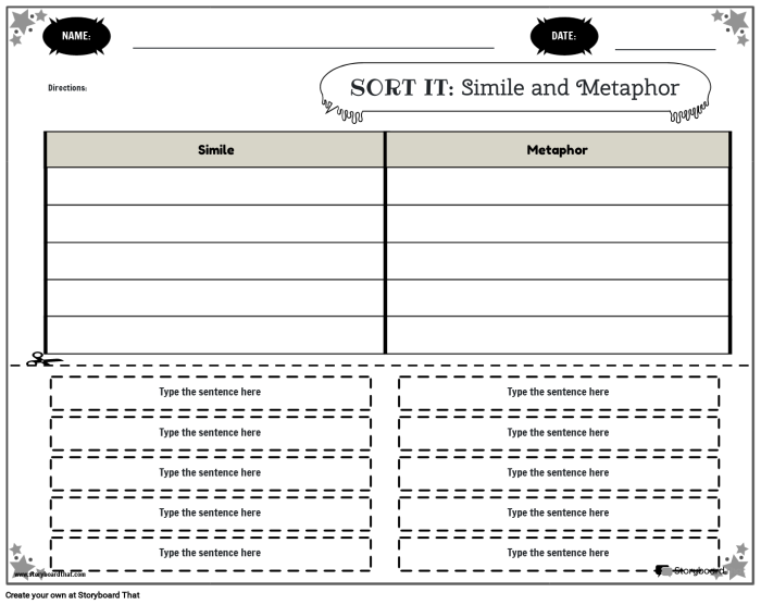Children's worksheet featuring Tennyson the Turtle teaching metaphors and similes