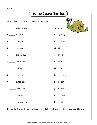 Children's worksheet featuring Tennyson the Turtle teaching metaphors and similes
