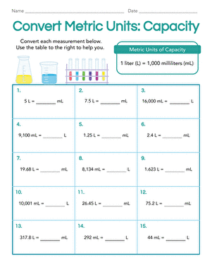Metric Capacity Conversion Practice Exercise 20 Fifth grade students practice converting between metric units of capacity like liters and milliliters on this educational worksheet
