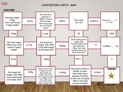 Fifth-grade students navigating a maze of metric unit conversions on a worksheet