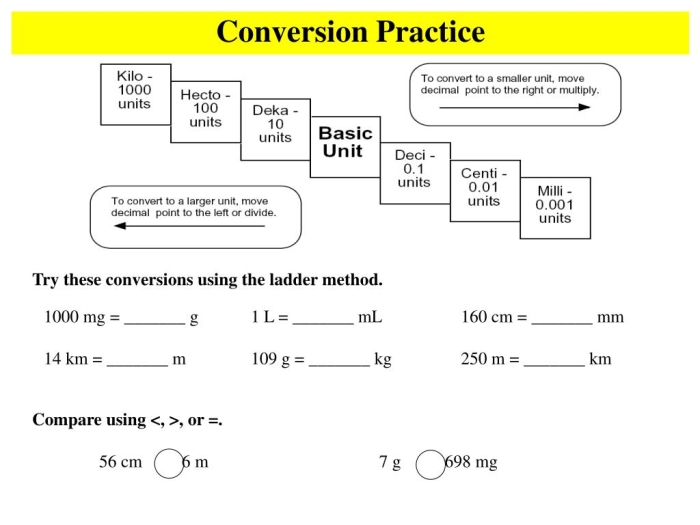 Metric Ladder Method worksheet illustrating easy metric conversions for fifth graders