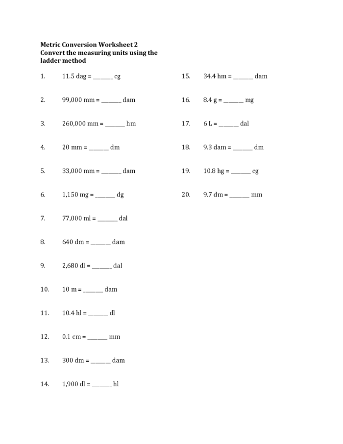 Metric Ladder Method worksheet illustrating visual metric conversions for fifth graders