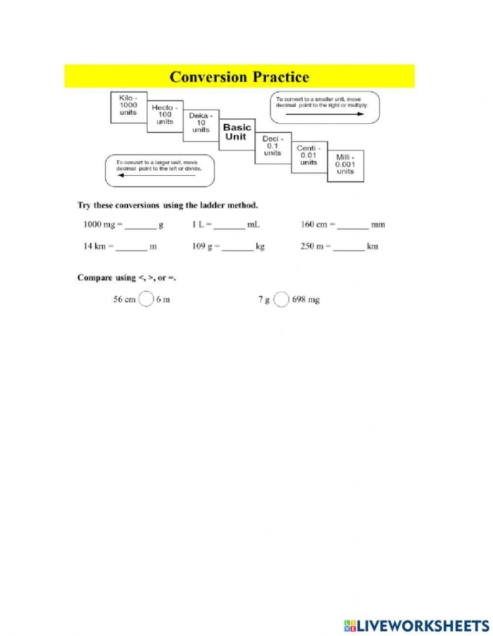 Metric Ladder Method worksheet for easy metric conversions in fractions