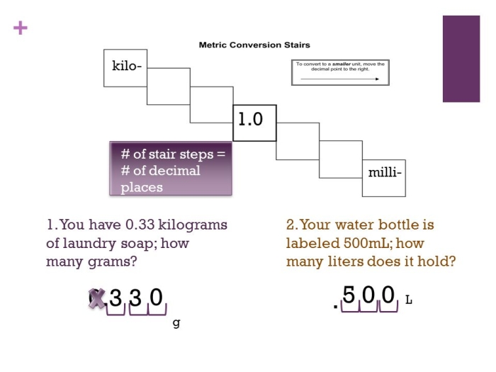 Metric Ladder Method worksheet illustrating fraction conversions for fifth graders