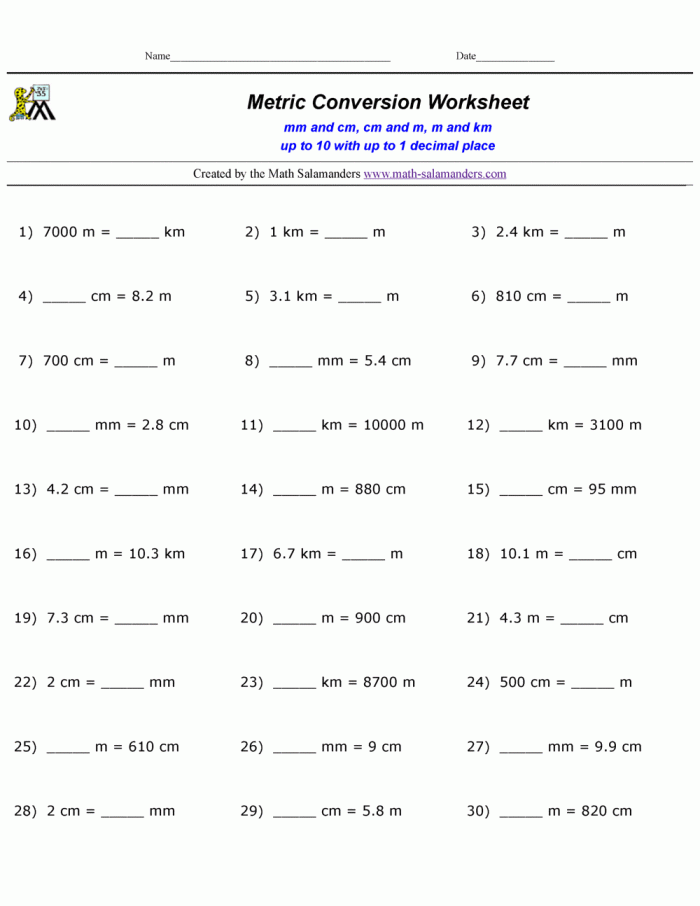 Fifth grade math worksheet featuring a table for practicing metric length unit conversions