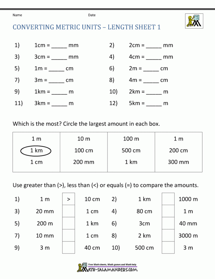 Third grade student using a metric length conversion chart to solve worksheet 17