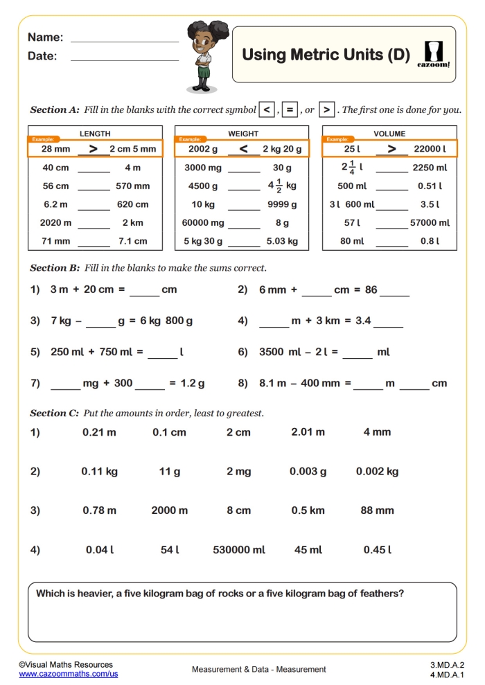 Worksheet featuring metric length conversions for third graders
