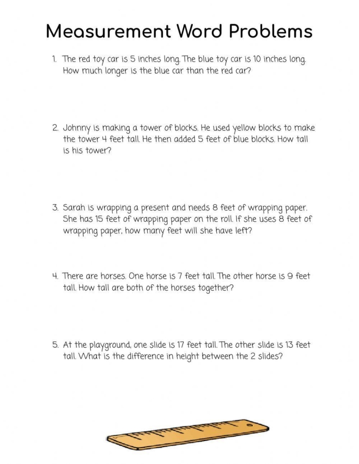 Worksheet featuring metric length measurement word problems for fifth graders