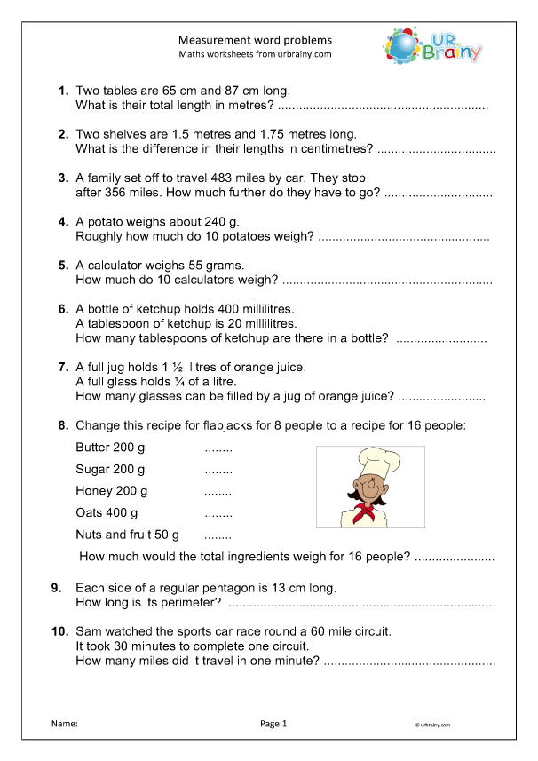 Metric Length Measurement worksheet featuring word problems for fifth graders