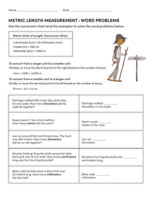 Fifth grade student solving metric length conversion word problems on a worksheet
