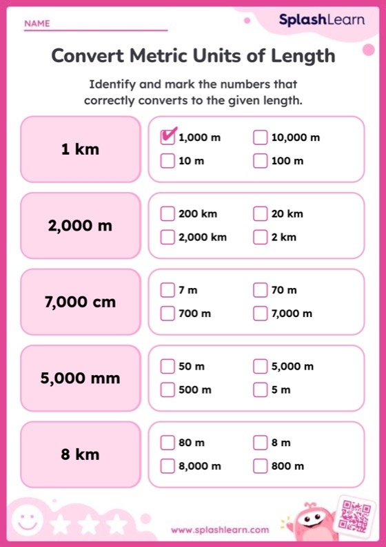 Worksheet showcasing metric length conversions for third graders