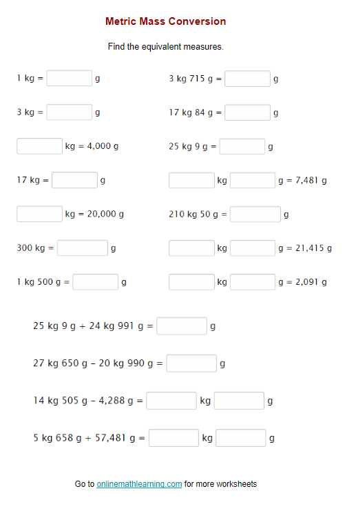 Convert Metric Units of Mass Worksheet for Grade 5 Students 19 Fifth grade student completing a worksheet on converting metric mass units