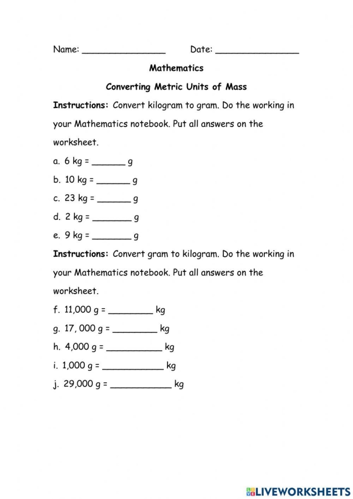 Convert Metric Units of Mass Worksheet for Fifth Grade Students 24 Fifth grade student practicing how to convert metric units of mass on a measurement worksheet