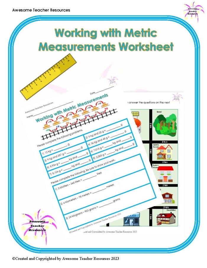 Metric measuring worksheet featuring a fun candy shop theme for fifth graders