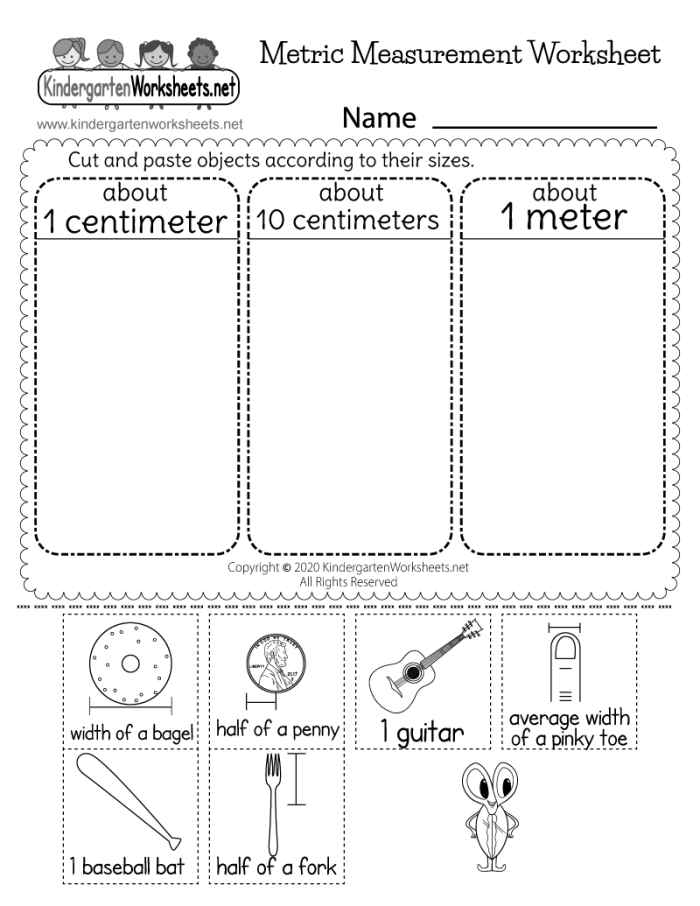 Metric Measuring worksheet featuring a colorful candy shop scene for fifth graders