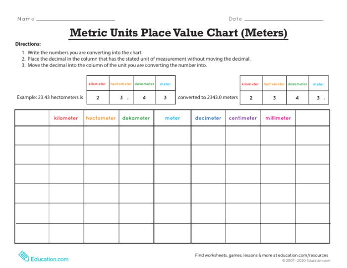 Metric Units Place Value Chart for Meters worksheet designed for fifth graders