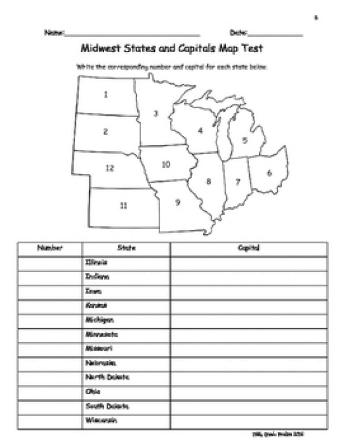 Third grade geography worksheet showing unlabeled Midwest region map for state memorization practice Blank map of the United States with Midwestern states outlined for students to label and identify
