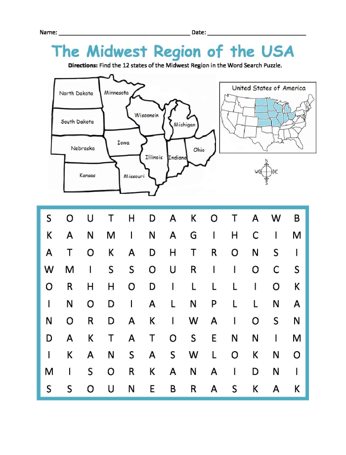 Midwestern States Fill-in Map Worksheet for Elementary Students Blank map of the United States with Midwestern states outlined for third grade geography practice