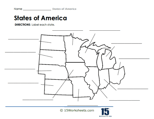 Third grade geography worksheet showing empty Midwestern region map for state identification practice Blank map of the United States with Midwestern states outlined for students to identify and label