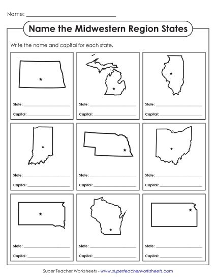 Midwestern States Map Practice Worksheet for Third Grade Students Third grade worksheet featuring a blank map of the United States for practicing Midwestern states place value