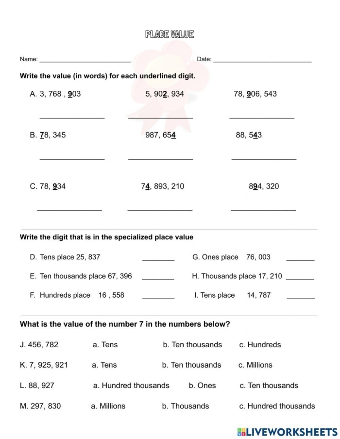 Place value chart illustrating the millions period for fifth-grade students. Educational worksheet on decomposing numbers in the millions.