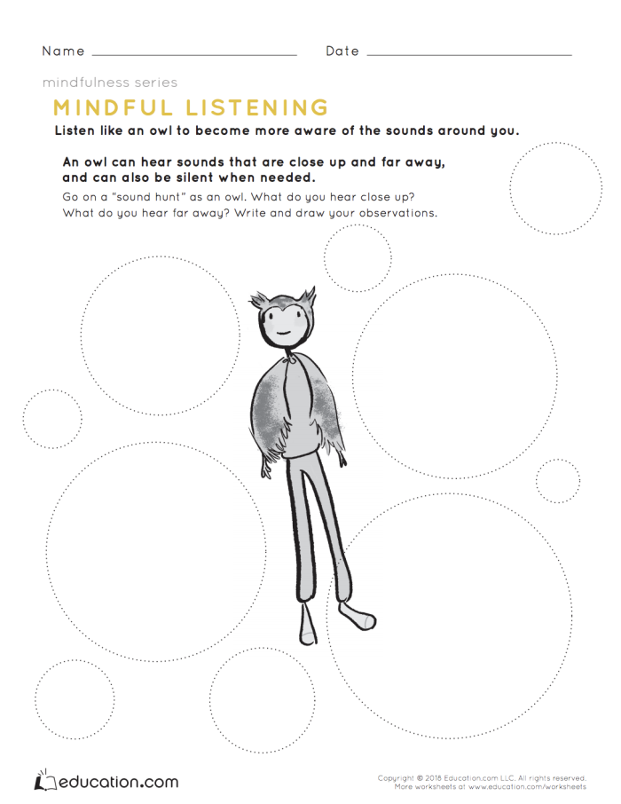 Mindful Listening Owl Sound Hunt Geometry Worksheet 3 Pre-K student using a Mindful Listening worksheet to identify owl-themed sound patterns for geometry practice