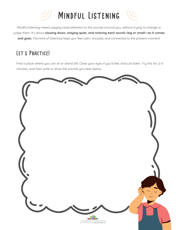 Owl listening sound hunt worksheet for preschool mindfulness practice A young child sitting outdoors with eyes closed and hand to ear, listening carefully to sounds around trees and nature during a mindful listening activity