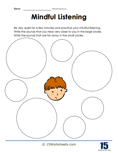 Mindful Listening Sound Hunt Worksheet 23 - Developing Awareness Through Quiet Observation A child sitting quietly with eyes closed listening to sounds around them during a mindful listening sound hunt activity for pre-K students