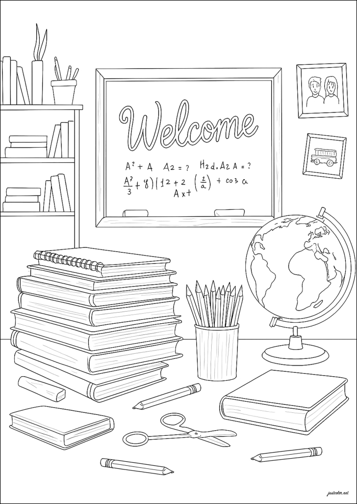 Coloring page featuring a school-themed mandala for first graders to enjoy. Back to school coloring worksheet for first grade students.