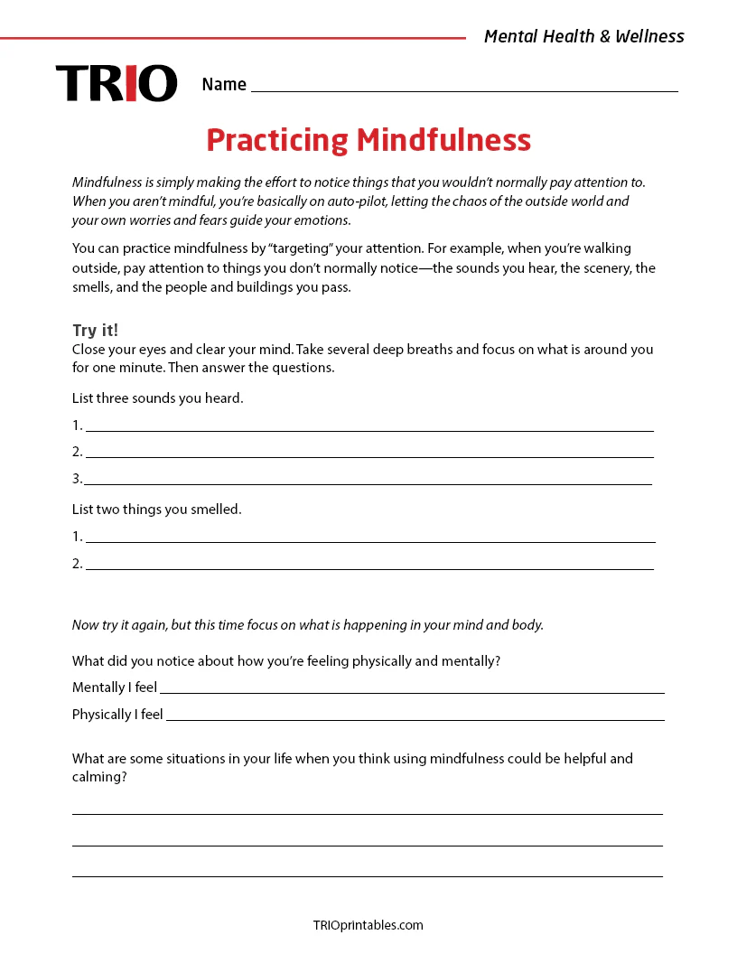 SEL worksheet image for middle school students to enhance intention-setting skills Mindfulness Practice worksheet for sixth graders focusing on setting intentions