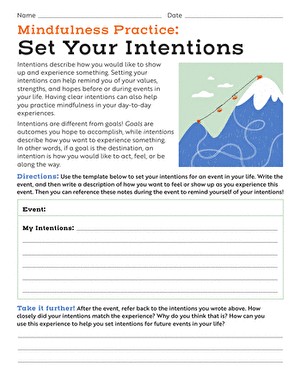 Mindfulness Practice: Set Your Intentions worksheet for middle grades students Worksheet designed for sixth graders to set intentions through mindfulness practice